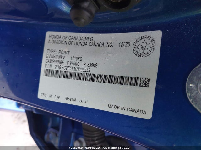 Aukcja sprzedaży 2021 Honda Civic Lx, vin: 2HGFC2F5XMH005239, numer aukcji: 12563460