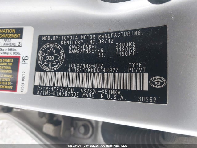 12563461 :رقم المزاد ، 4T1BF1FK6CU148927 vin ، 2012 Toyota Camry Le مزاد بيع