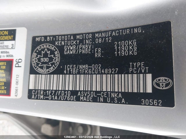 12563461 :رقم المزاد ، 4T1BF1FK6CU148927 vin ، 2012 Toyota Camry Le مزاد بيع
