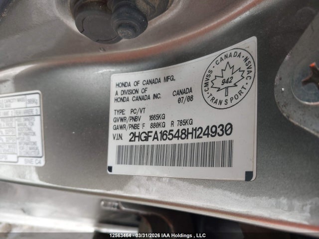 2008 Honda Civic Lx მანქანა იყიდება აუქციონზე, vin: 2HGFA16548H124930, აუქციონის ნომერი: 12563464