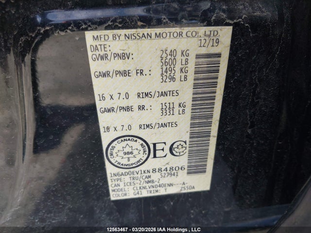 Aukcja sprzedaży 2019 Nissan Frontier Pro-4x, vin: 1N6AD0EV1KN884806, numer aukcji: 12563467