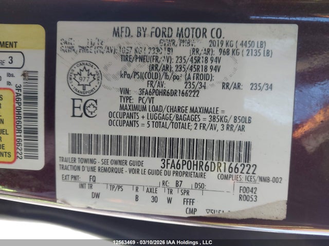 12563469 :رقم المزاد ، 3FA6P0HR6DR166222 vin ، 2013 Ford Fusion Se مزاد بيع