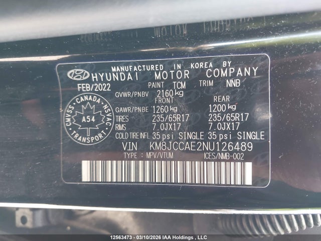 Aukcja sprzedaży 2022 Hyundai Tucson Preferred Awd With Trend Package, vin: KM8JCCAE2NU126489, numer aukcji: 12563473