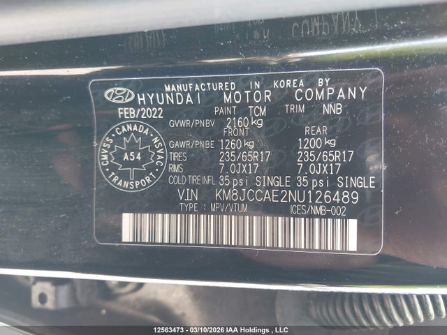 Aukcja sprzedaży 2022 Hyundai Tucson Preferred Awd With Trend Package, vin: KM8JCCAE2NU126489, numer aukcji: 12563473