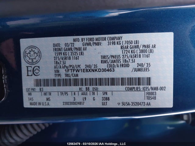 1FTFW1E8XNKD30463 Ford F150 Supercrew