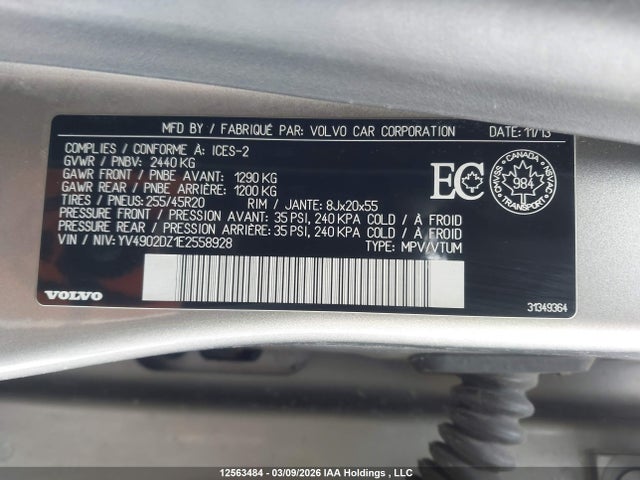 YV4902DZ1E2558928 Volvo Xc60 T6/t6 Platinum/t6 Premier Plus/t6 R-design/t6 R-design Platinum/t6 R-design Premier Plus