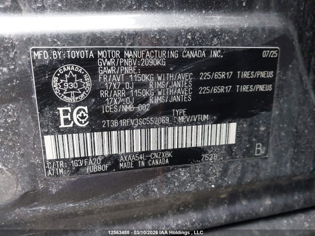 12563488 :رقم المزاد ، 2T3B1RFV3SC552069 vin ، 2025 Toyota Rav4 Le مزاد بيع