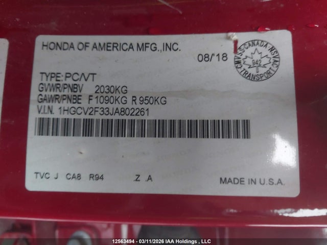 2018 Honda Accord Sport 2.0t მანქანა იყიდება აუქციონზე, vin: 1HGCV2F33JA802261, აუქციონის ნომერი: 12563494