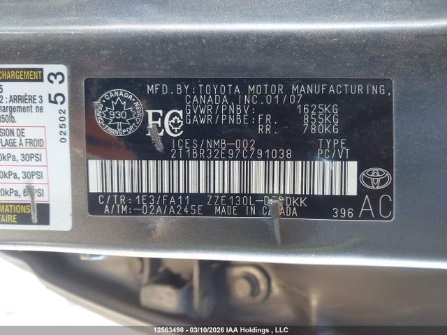 12563498 :رقم المزاد ، 2T1BR32E97C791038 vin ، 2007 Toyota Corolla Ce/le/s مزاد بيع