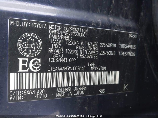 Aukcja sprzedaży 2021 Toyota Venza Le/xle/limited, vin: JTEAAAAH3MJ007645, numer aukcji: 12563499