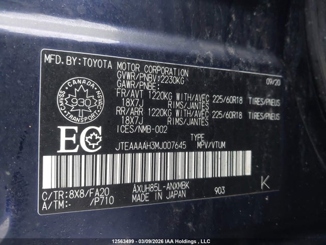 Aukcja sprzedaży 2021 Toyota Venza Le/xle/limited, vin: JTEAAAAH3MJ007645, numer aukcji: 12563499