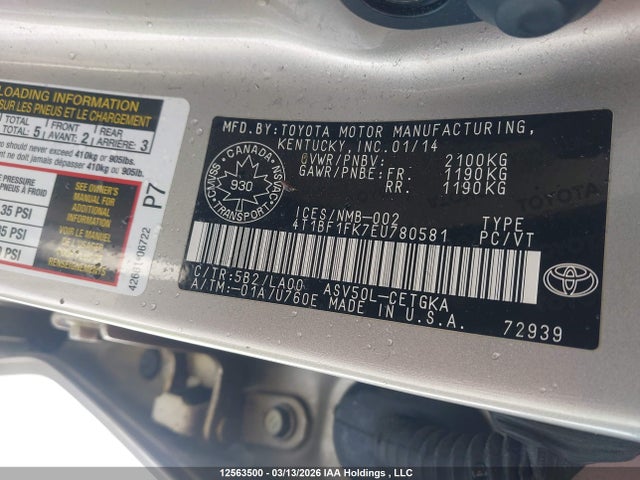 12563500 :رقم المزاد ، 4T1BF1FK7EU780581 vin ، 2014 Toyota Camry مزاد بيع