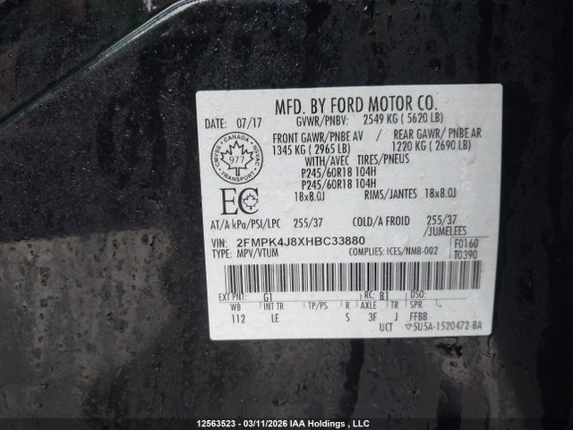 Продаж на аукціоні авто 2017 Ford Edge Sel, vin: 2FMPK4J8XHBC33880, номер лоту: 12563523