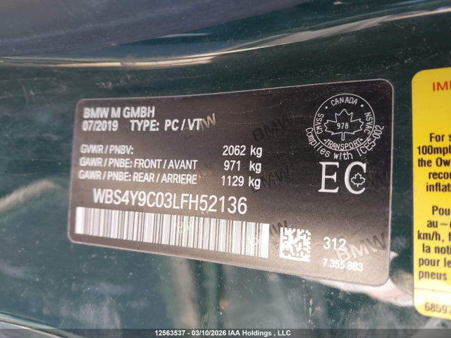 Продаж на аукціоні авто 2020 Bmw M4, vin: WBS4Y9C03LFH52136, номер лоту: 12563537