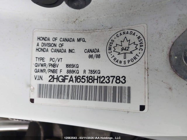 Продажа на аукционе авто 2008 Honda Civic, vin: 2HGFA16518H123783, номер лота: 12563543