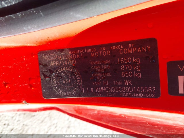 12563546 :رقم المزاد ، KMHCN35C89U145582 vin ، 2009 Hyundai Accent مزاد بيع