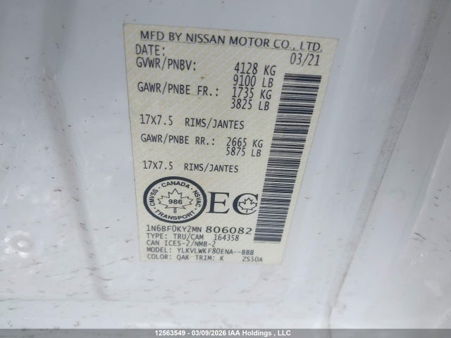 2021 Nissan Nv 2500 S/2500 Sv მანქანა იყიდება აუქციონზე, vin: 1N6BF0KY2MN806082, აუქციონის ნომერი: 12563549
