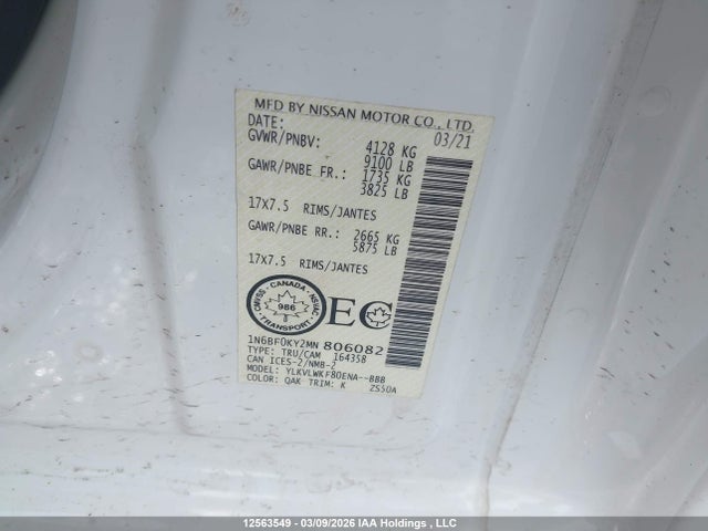 2021 Nissan Nv 2500 S/2500 Sv მანქანა იყიდება აუქციონზე, vin: 1N6BF0KY2MN806082, აუქციონის ნომერი: 12563549