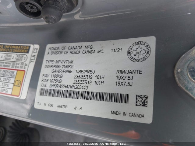 2HKRW2H47NH203440 Honda Cr-v Sport