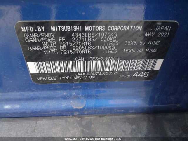 Aukcja sprzedaży 2021 Mitsubishi Rvr, vin: JA4AJUAU7MU606575, numer aukcji: 12563567