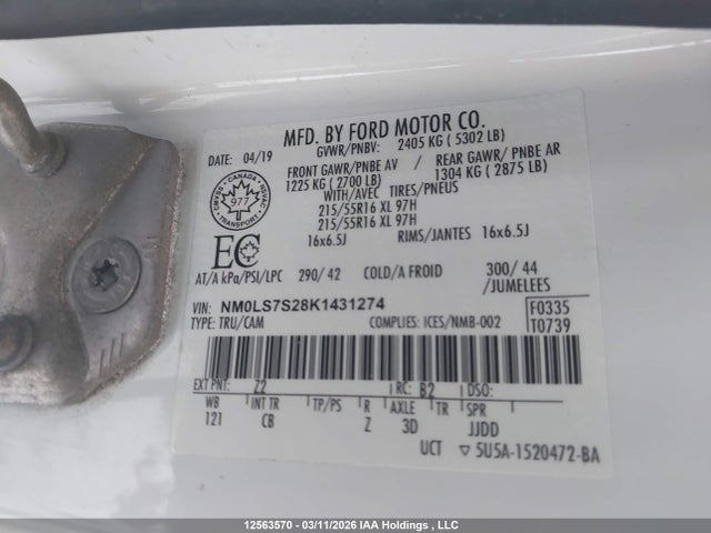 12563570 :رقم المزاد ، NM0LS7S28K1431274 vin ، 2019 Ford Transit Connect Xl مزاد بيع