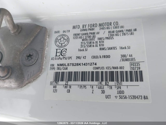 12563570 :رقم المزاد ، NM0LS7S28K1431274 vin ، 2019 Ford Transit Connect Xl مزاد بيع