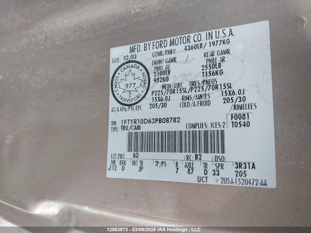 12563573 :رقم المزاد ، 1FTYR10D63PB08782 vin ، 2003 Ford Ranger مزاد بيع