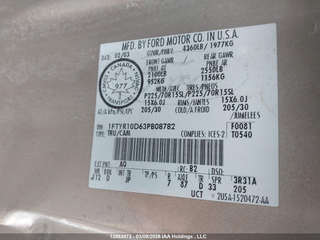 12563573 :رقم المزاد ، 1FTYR10D63PB08782 vin ، 2003 Ford Ranger مزاد بيع