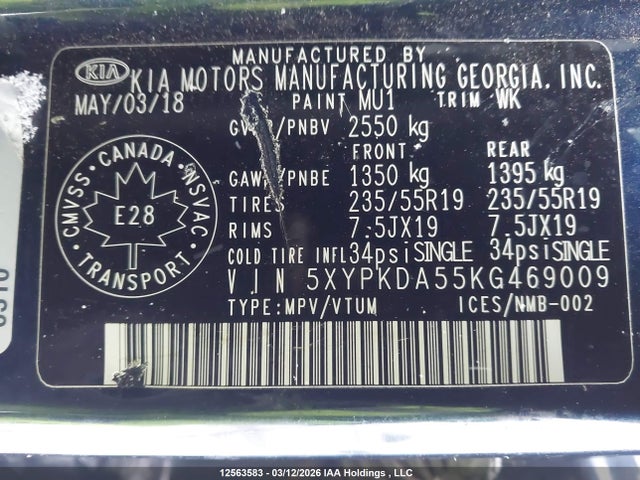 5XYPKDA55KG469009 KIA Sorento 3.3l Sx/3.3l Sxl