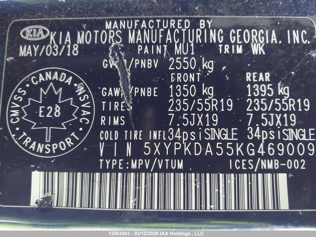 5XYPKDA55KG469009 KIA Sorento 3.3l Sx/3.3l Sxl