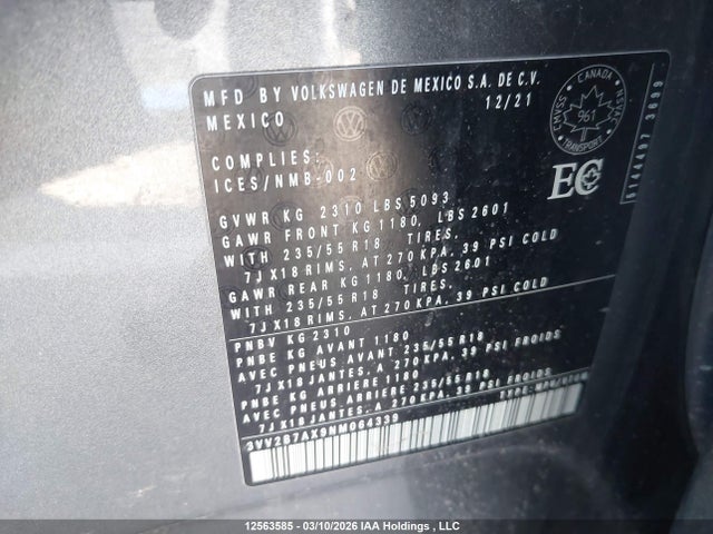 2022 Volkswagen Tiguan Se მანქანა იყიდება აუქციონზე, vin: 3VV2B7AX9NM064339, აუქციონის ნომერი: 12563585