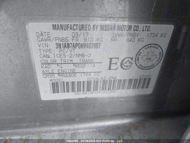 3N1AB7AP0HY407887 Nissan Sentra 1.8 S/1.8 Sl/1.8 Sv