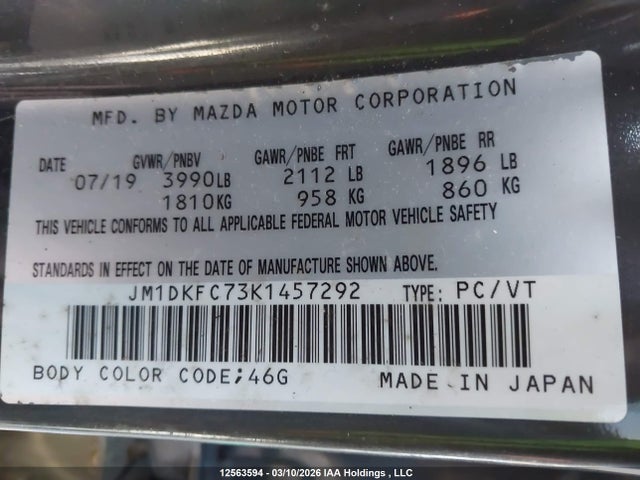 12563594 :رقم المزاد ، JM1DKFC73K1457292 vin ، 2019 Mazda Cx-3 Gs مزاد بيع