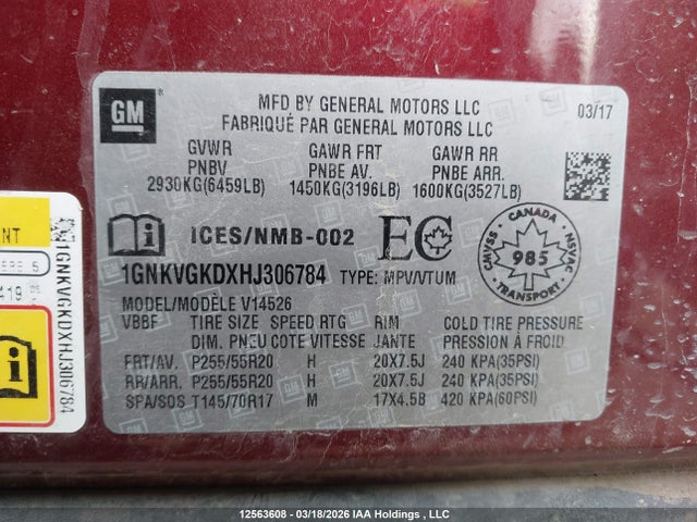 1GNKVGKDXHJ306784 Chevrolet Traverse 1lt