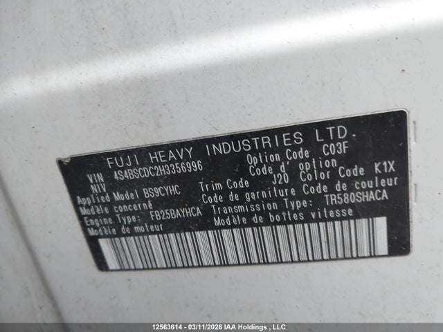 Aukcja sprzedaży 2017 Subaru Outback 2.5i Touring, vin: 4S4BSCDC2H3356996, numer aukcji: 12563614