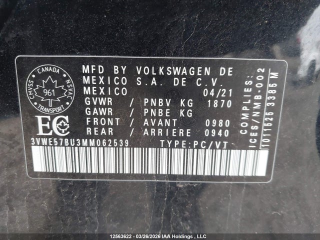 Aukcja sprzedaży 2021 Volkswagen Jetta Sel, vin: 3VWE57BU3MM062539, numer aukcji: 12563622