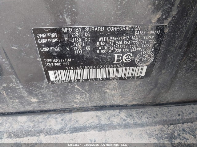 12563627 :رقم المزاد ، 4S4BSDGC2J3232802 vin ، 2018 Subaru Outback 2.5i Premium مزاد بيع