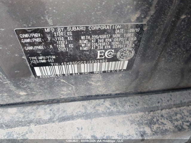 12563627 :رقم المزاد ، 4S4BSDGC2J3232802 vin ، 2018 Subaru Outback 2.5i Premium مزاد بيع