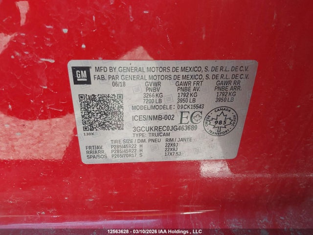 Aukcja sprzedaży 2018 Chevrolet Silverado K1500 Lt, vin: 3GCUKREC0JG463689, numer aukcji: 12563628