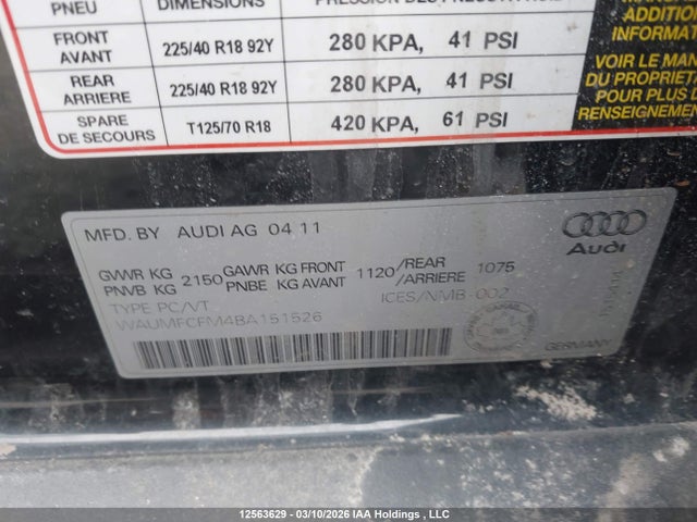 Aukcja sprzedaży 2011 Audi A3 Premium Plus, vin: WAUMFCFM4BA151526, numer aukcji: 12563629