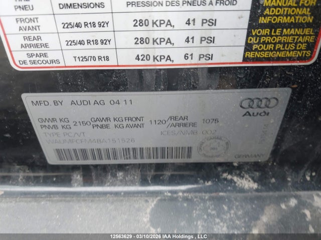 Aukcja sprzedaży 2011 Audi A3 Premium Plus, vin: WAUMFCFM4BA151526, numer aukcji: 12563629