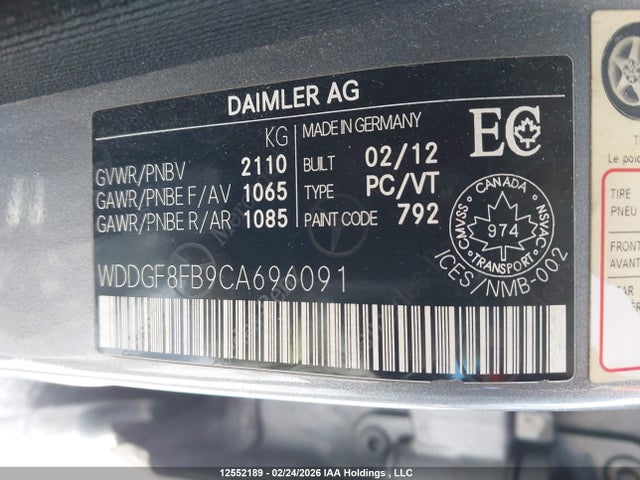 12552189 :رقم المزاد ، WDDGF8FB9CA696091 vin ، 2012 Mercedes-benz C 250 4matic مزاد بيع