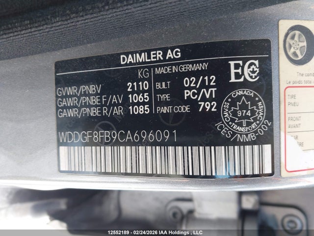 12552189 :رقم المزاد ، WDDGF8FB9CA696091 vin ، 2012 Mercedes-benz C 250 4matic مزاد بيع