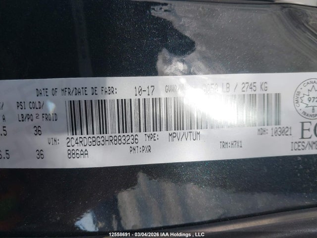 Продажа на аукционе авто 2017 Dodge Grand Caravan Cvp/sxt, vin: 2C4RDGBG3HR883236, номер лота: 12558691