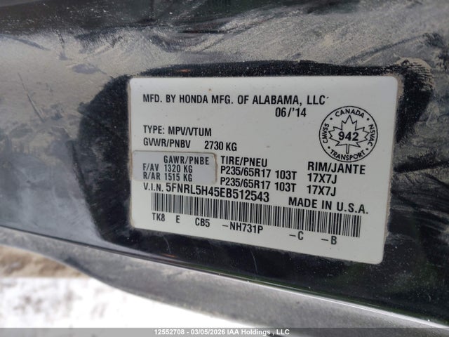Honda ODYSSEY EX 2014 5FNRL5H45EB512543 Image 9