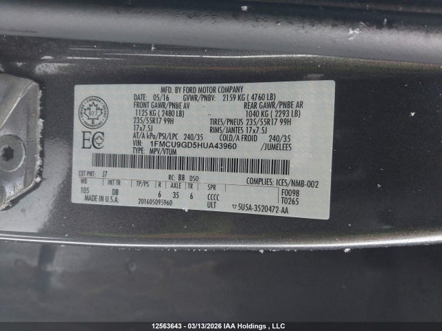 1FMCU9GD5HUA43960 Ford ESCAPE SE