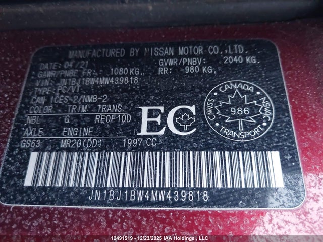 JN1BJ1BW4MW439818 Nissan Qashqai S/sl/sv
