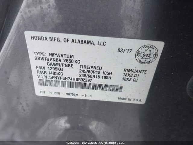 Aukcja sprzedaży 2017 Honda Pilot Exln, vin: 5FNYF6H74HB502397, numer aukcji: 12563647