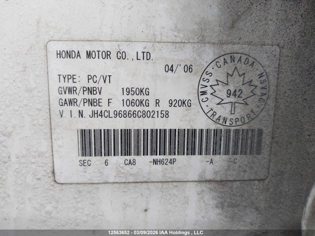 12563652 :رقم المزاد ، JH4CL96866C802158 vin ، 2006 Acura Tsx مزاد بيع