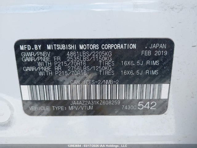 Aukcja sprzedaży 2019 Mitsubishi Outlander, vin: JA4AZ2A31KZ608259, numer aukcji: 12563654